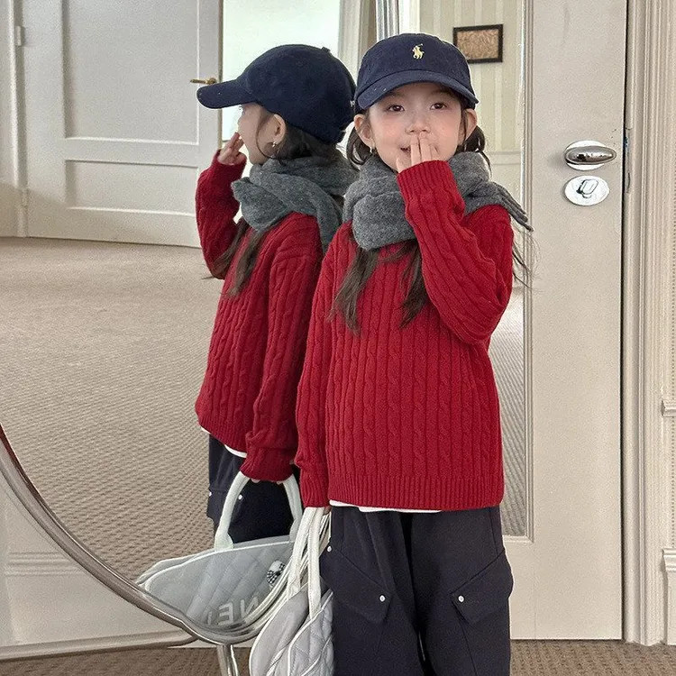 新款冬日氛围感针织上衣男女童品质纯色百搭麻花毛衣秋冬洋气宝宝