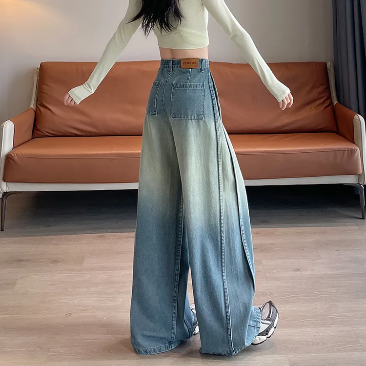 渐变色拼接阔腿牛仔裤女士2025年秋季新款宽松遮肉慵懒风大脚裤子