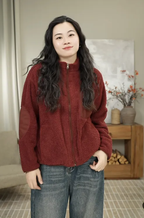 九月JIUYUE秋冬时尚拼接双面摇粒绒立领百搭减龄休闲外套 9698