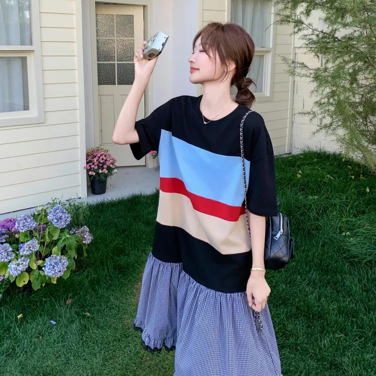 法式格子撞色拼接连衣裙女夏新款小个子高级感巨好看裙子