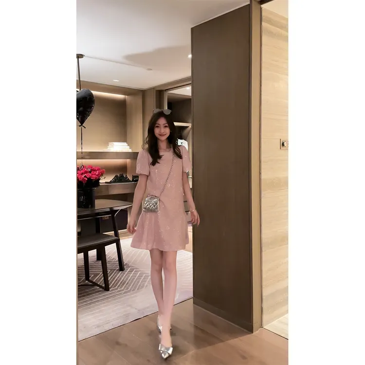 W·HAHA【月下花眠】绣亮片圆领编织肌理感连衣裙52565