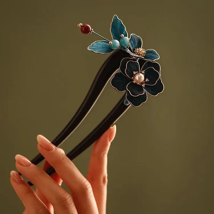 蚕丝绒花檀木U型发簪子女古风高级感发钗国风发簪新中式汉服发饰