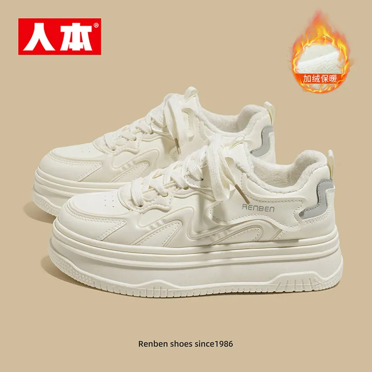 人本2025新款女鞋厚底增高加绒小白鞋百搭设计小众洋气冬季休闲鞋