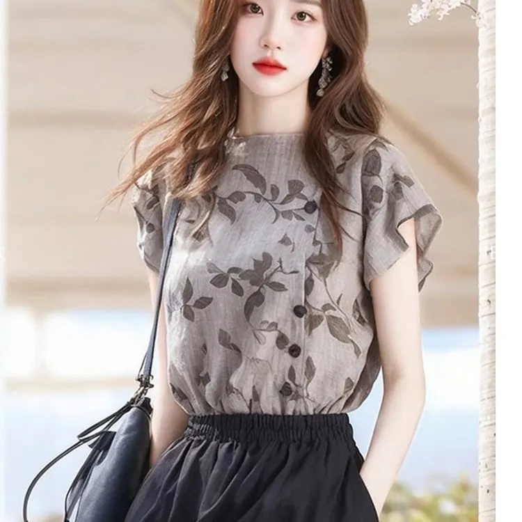 法式轻奢小飞袖气质衬衫女夏季新款高级感小众独特别致碎花上衣