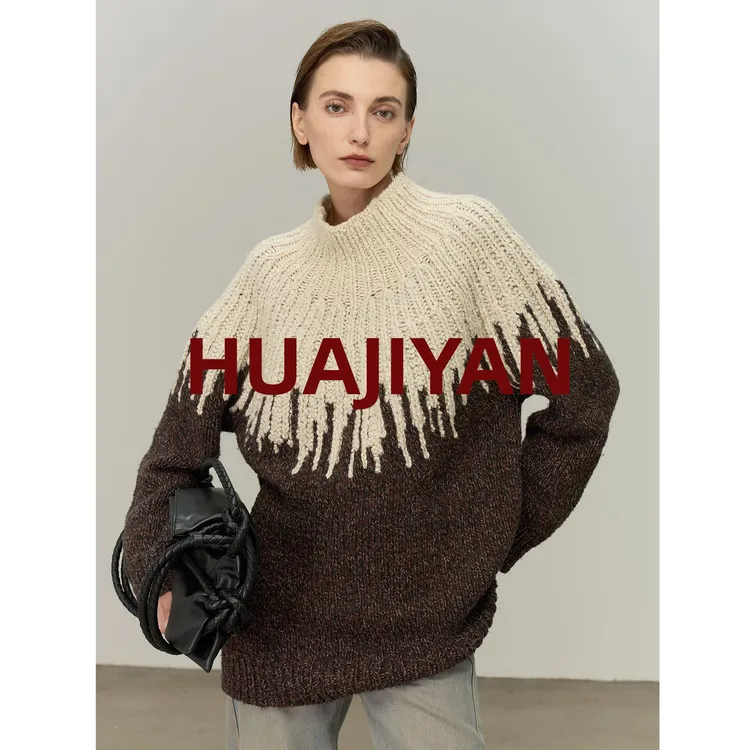 华吉言HUAJIYAN【熔岩】重工拼色羊.毛套头手工针织毛.衣