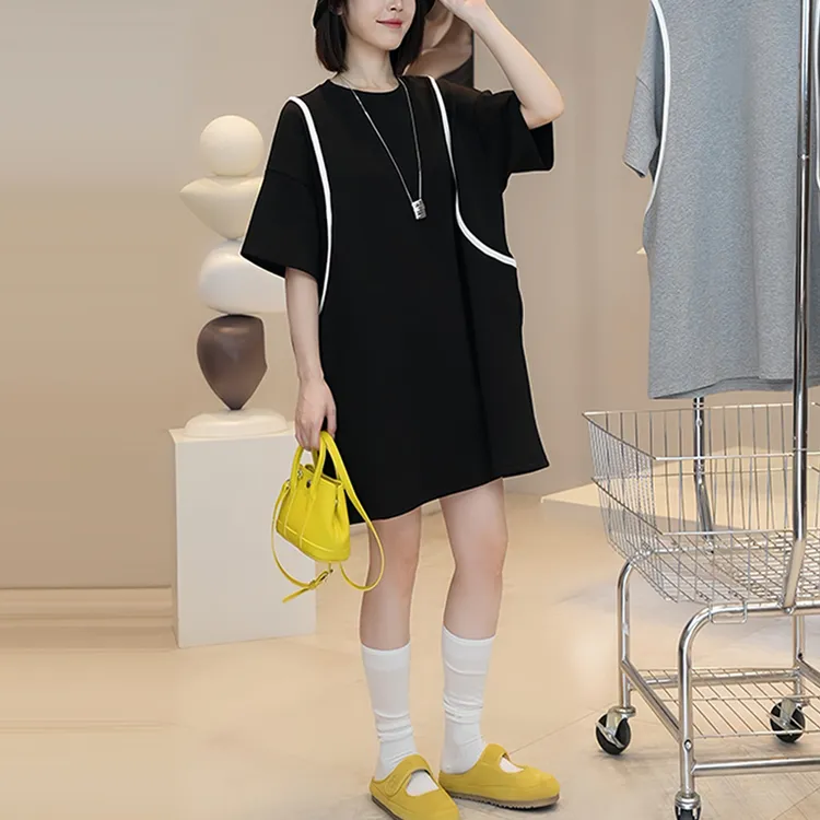 高含棉小个子简约拼色短袖连衣裙女2025年夏季新款洋气减龄裙子潮