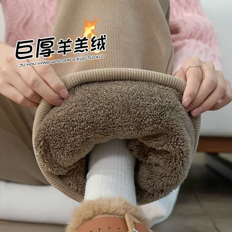 加绒阔腿裤女冬季2026新款加厚保暖羊羔绒裤子小窄版30藏蓝色裤子