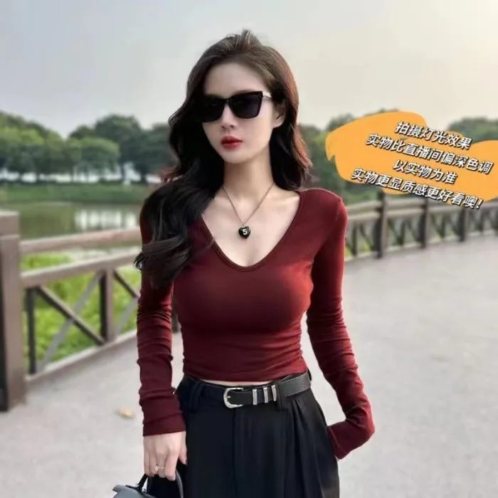 【轻奢辣妹穿搭】长袖V领韩版修身女士长袖T恤时尚打底衫显瘦秋冬