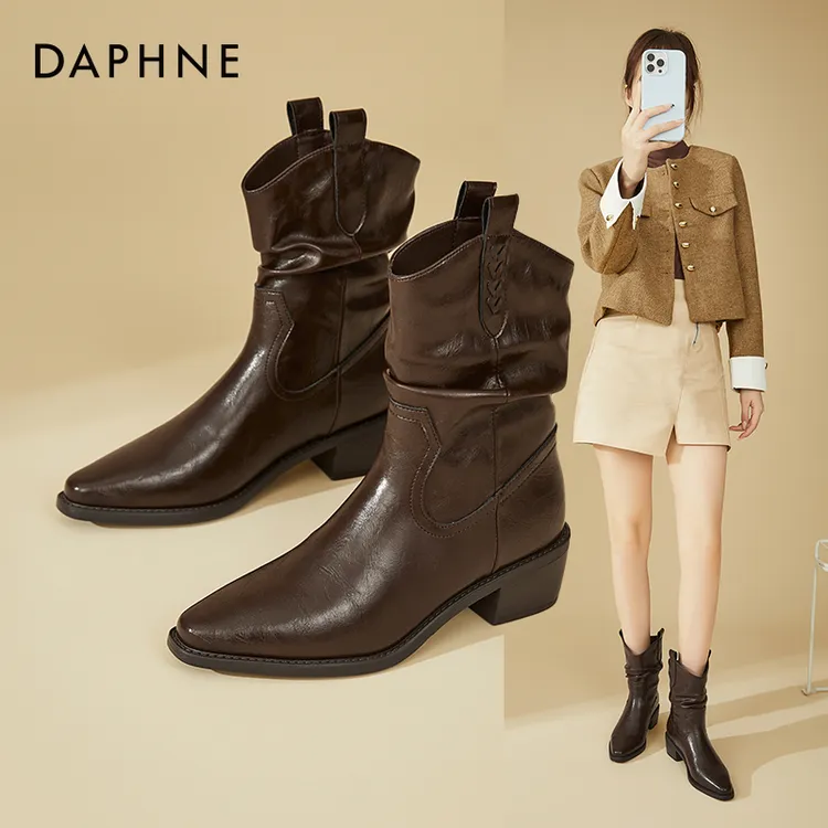 Daphne/达芙妮粗跟瘦瘦靴女秋冬加绒时装靴气质配裙子短靴堆堆靴