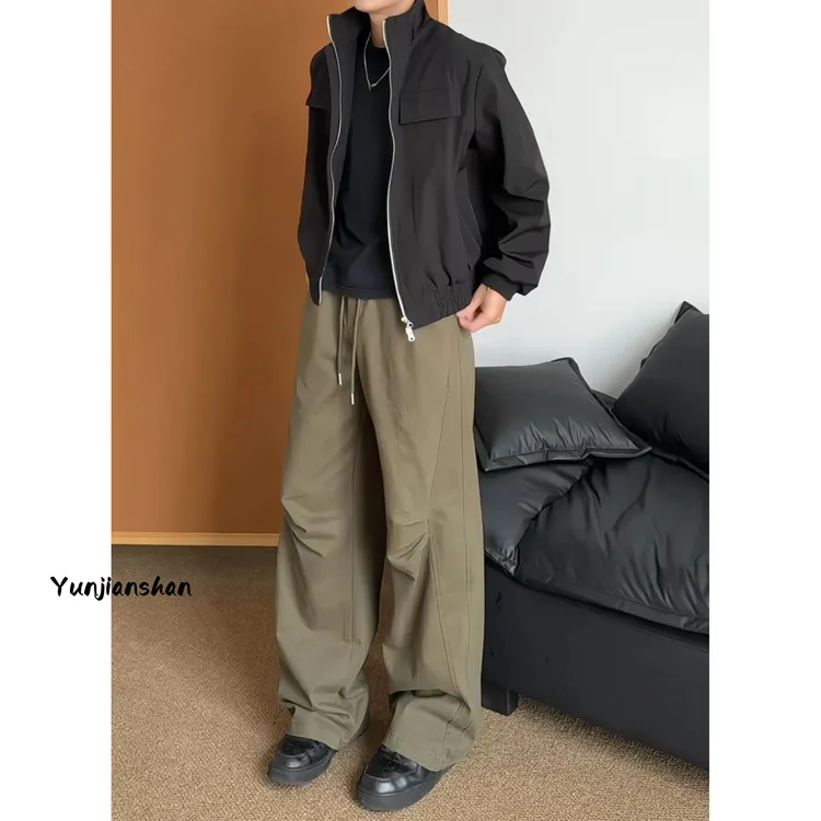 美式复古军绿色直筒工装裤男美拉德cleanfit褶皱设计百搭休闲长裤