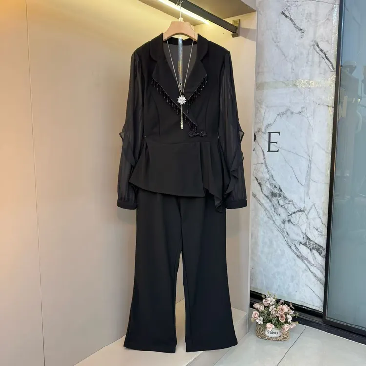 秋季新款欧货洋气翻V领拼接流苏珠珠盘扣上衣+净版裤子两件套965