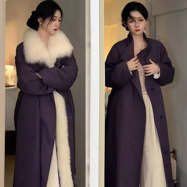 新款冬季2025过膝派克服女中长款加绒加厚内胆收腰毛领可拆卸立领