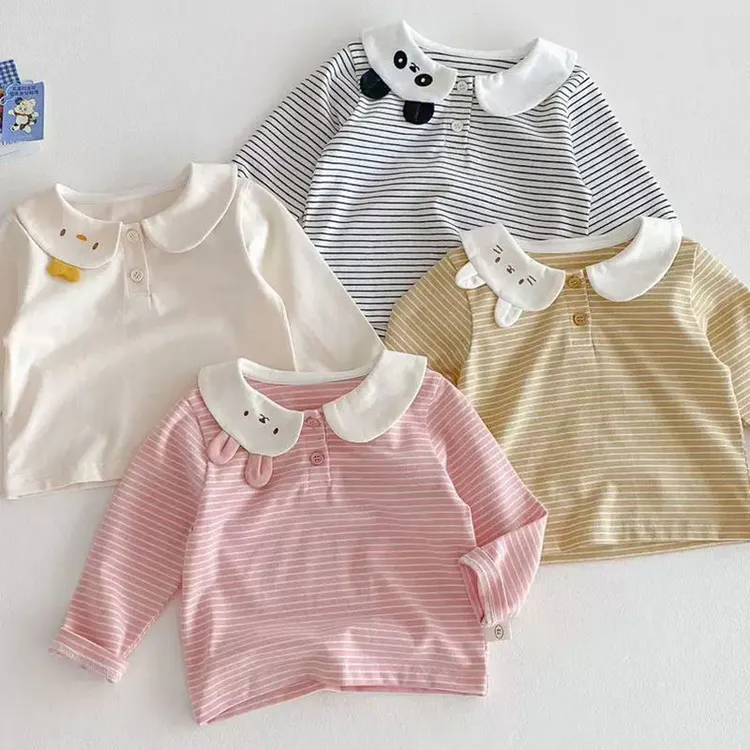 女童条纹打底衫春款洋气童装女宝宝卡通长袖T恤婴儿韩版春装