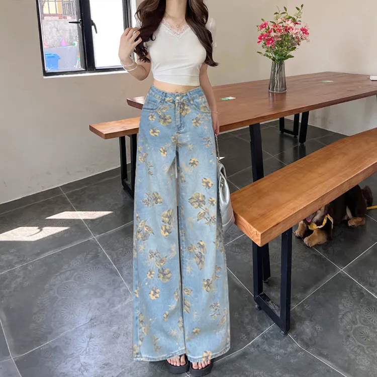 秋季复古洋气扎染印花阔腿牛仔裤女2025新款高腰休闲直筒拖地长裤