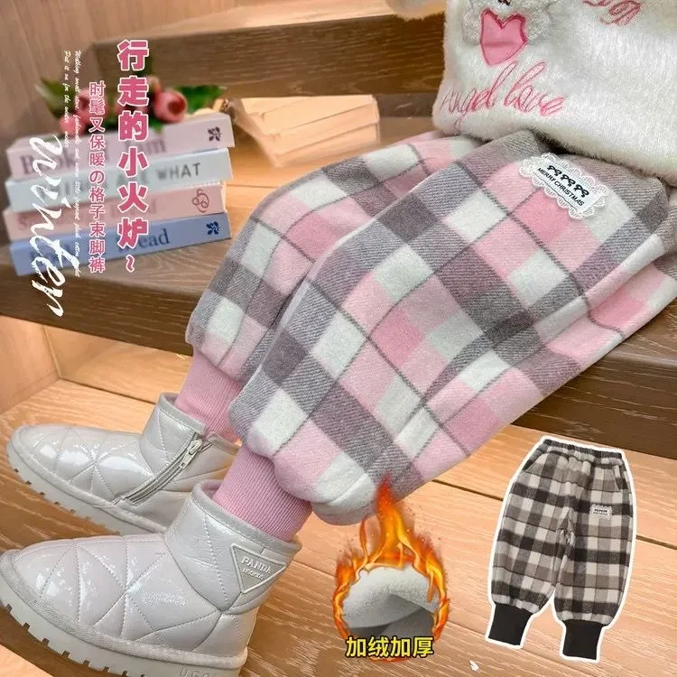 女童冬季加绒加厚格子裤保暖休闲女宝宝束脚一体绒裤子