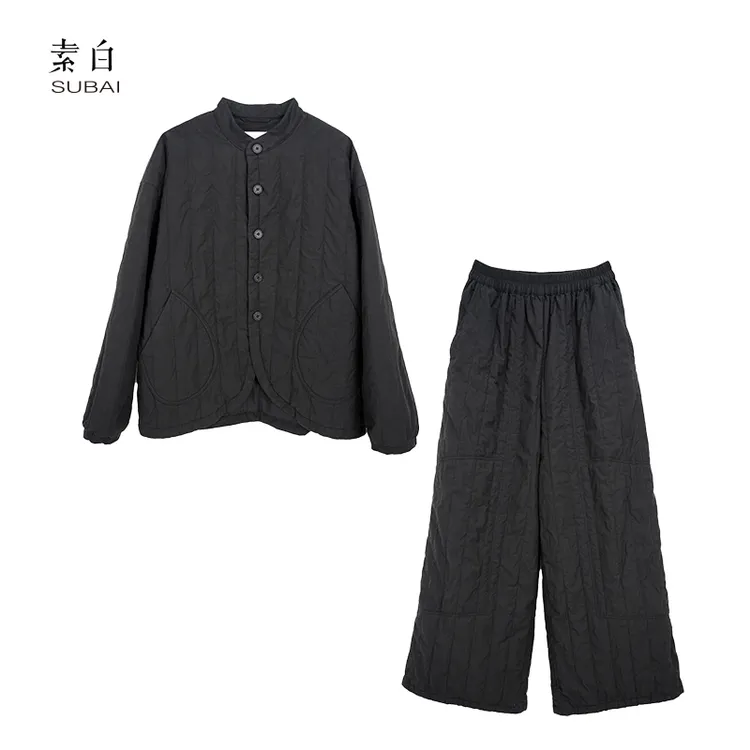 素白简约保暖【轻松】F02054小立领休闲感宽松加厚保暖棉服套装