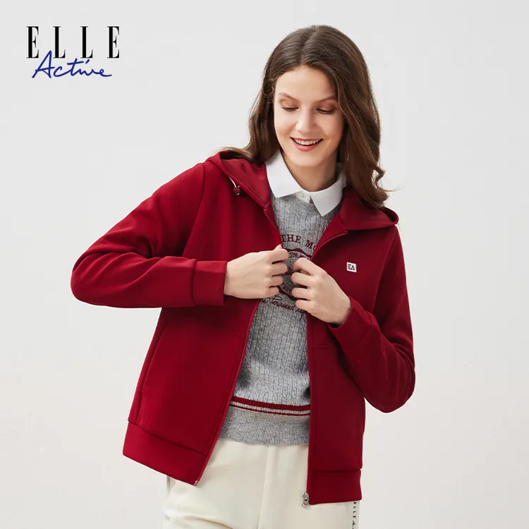 ELLE Active新款时尚纯色连帽外套女运动活力简约休闲短外套上衣