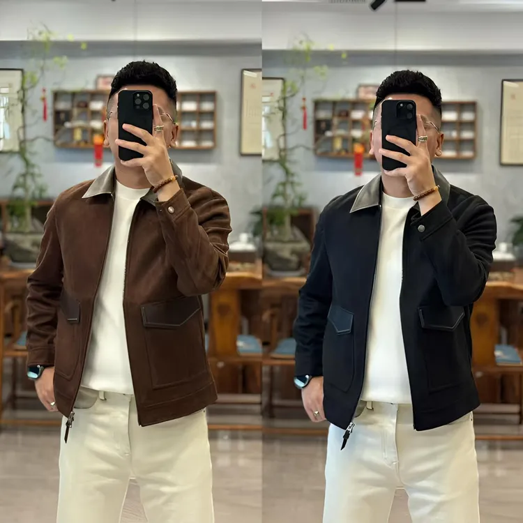 50572欧货秋季轻奢简约翻领拉链立体贴袋拼羊皮男士夹克外套