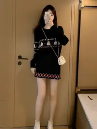 冬装穿搭一整套2026超火小香风巨好看独特漂亮圣诞针织毛衣套装裙
