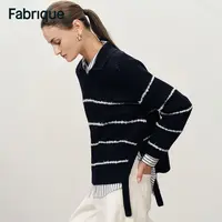 Fabrique Darcy秋冬新品藏蓝色条纹航海风绵羊毛翻领宽松针织毛衣