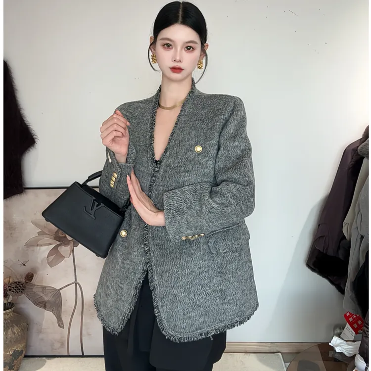 韩版小香风敞领短款羊毛大衣灰色秋冬款双面尼
