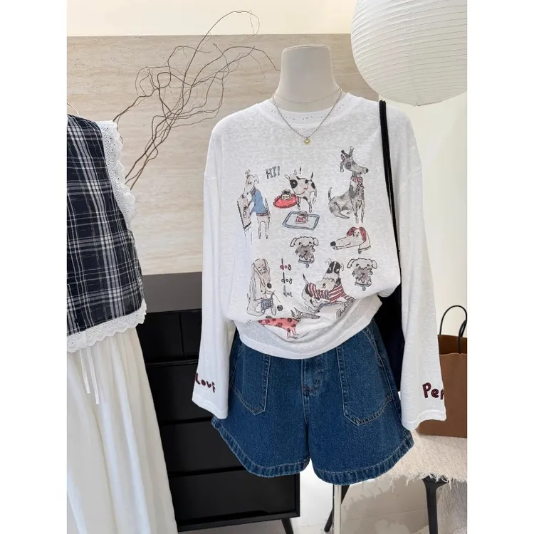 胖妹妹240斤甜美卡通印花雪花棉长袖T恤女夏季大码宽松轻薄防晒衫