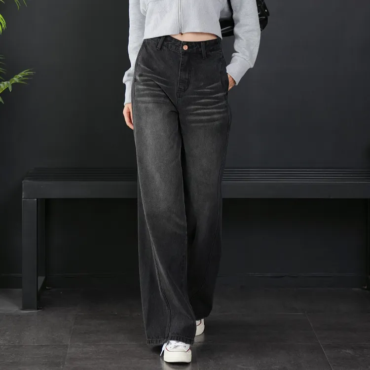 黑色牛仔裤女秋季2025高级感时尚高腰阔腿裤女百搭显瘦直筒拖地裤