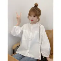 秋季2022新款小清新灯笼袖宽松减龄圆领白色外穿长袖衬衫上衣女装