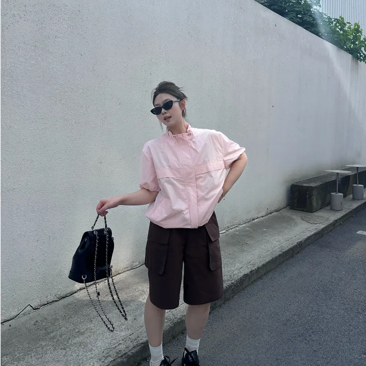 晶咕软软【西海岸】简约百搭潮流小众设计感立领抽绳短袖外