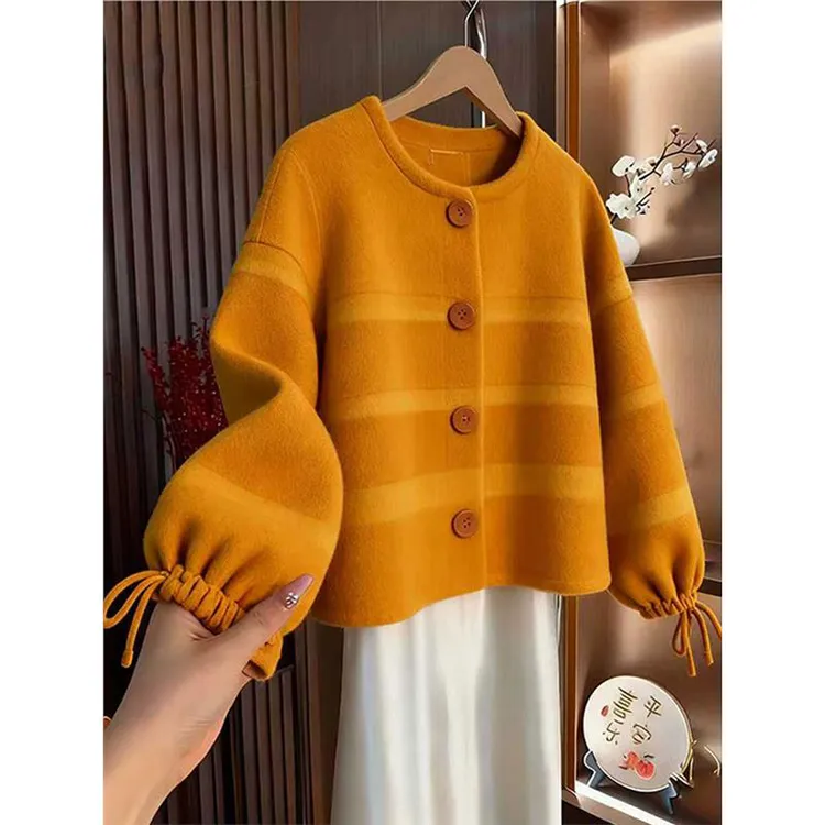 法式小香风撞色条纹毛呢外套秋冬新款大码胖MM小个子韩版加厚上衣