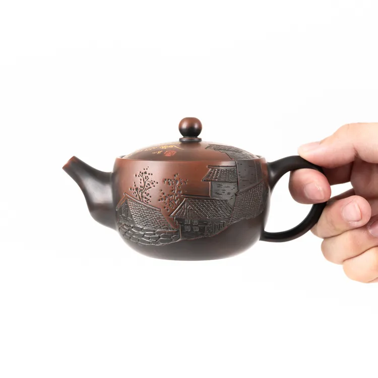 大碗丰收壶 江南民居雕刻 270/220ml 广西坭兴陶全手工茶具