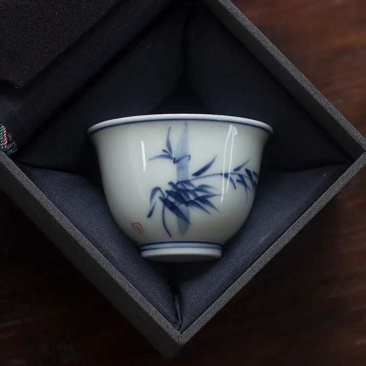 复古手绘青花品茗杯茶杯陶瓷釉下主人杯单杯高档喝茶杯家用礼盒装