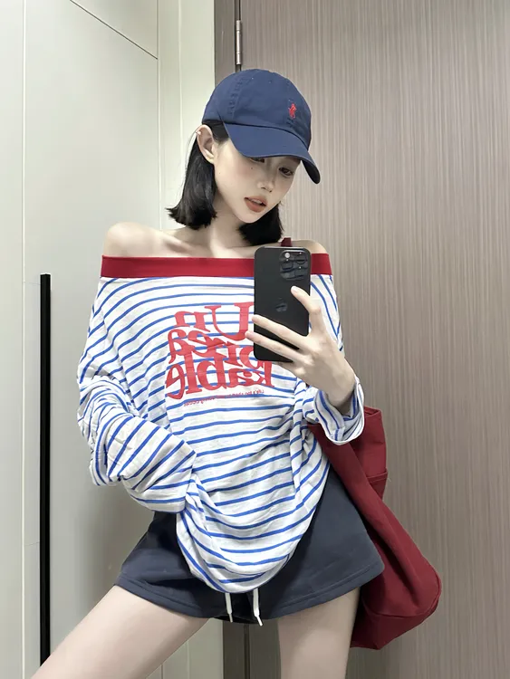 辣椒酱 设计感撞色条纹一字肩长袖T恤女装夏季宽松百搭休闲上衣