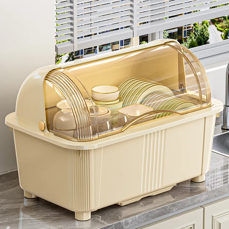 带盖加厚塑料碗柜家用多功能台式轻奢防尘碗盘沥水碗盘收纳置物架