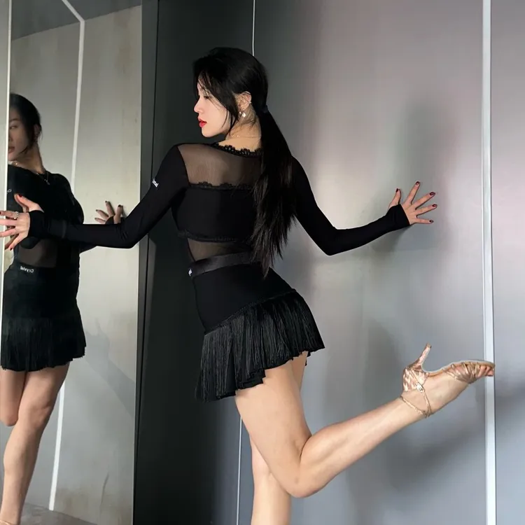 Crystal轻纱睫蕾拉丁舞服蕾丝流苏裙网纱高开叉半裙辣妹