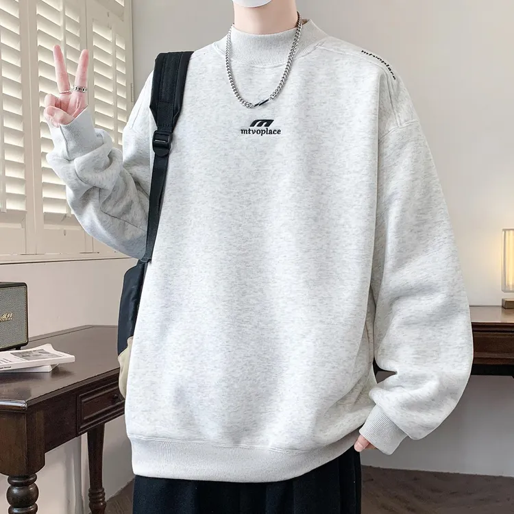 半高领卫衣男秋冬季重磅加绒加厚套头衫男简约刺绣青少年保暖上衣