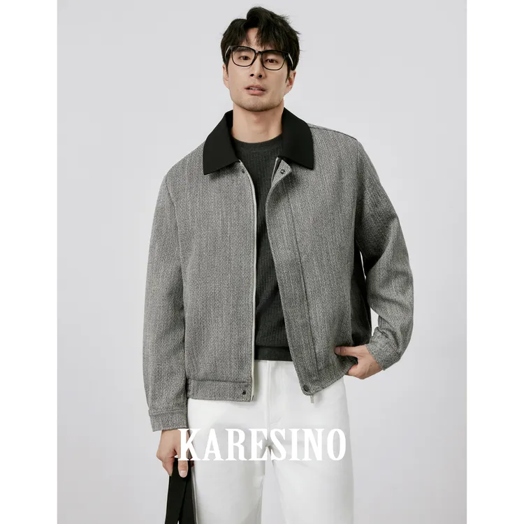 KARESINO秋冬男士高品质人字纹撞色拼接短款夹克男休闲百搭外套男
