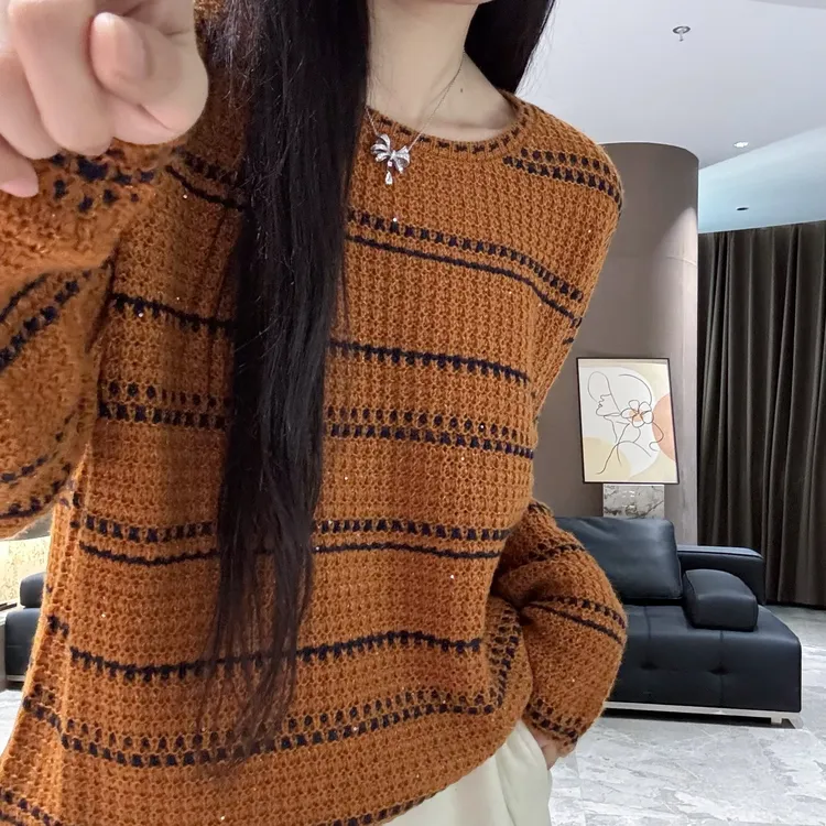 SUMU/宿慕重工金丝亮片条纹针织衫2025秋季9-17圆领显瘦毛衣18820