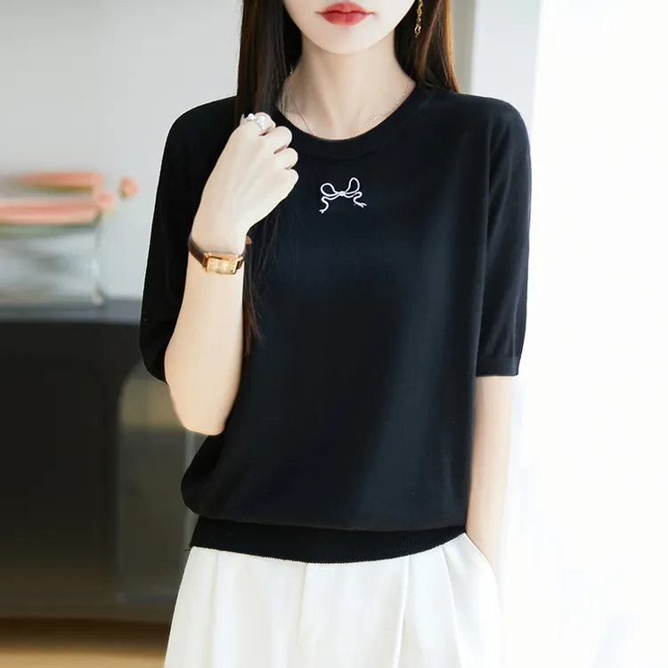 哥弟阿玛施正品新款夏季露背蝴蝶结针织衫短袖上衣洋气百搭T恤衫