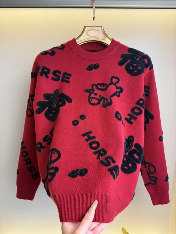 2026新年贺岁款秋冬毛衣男本命红圆领印花针织衫加绒加厚潮25172