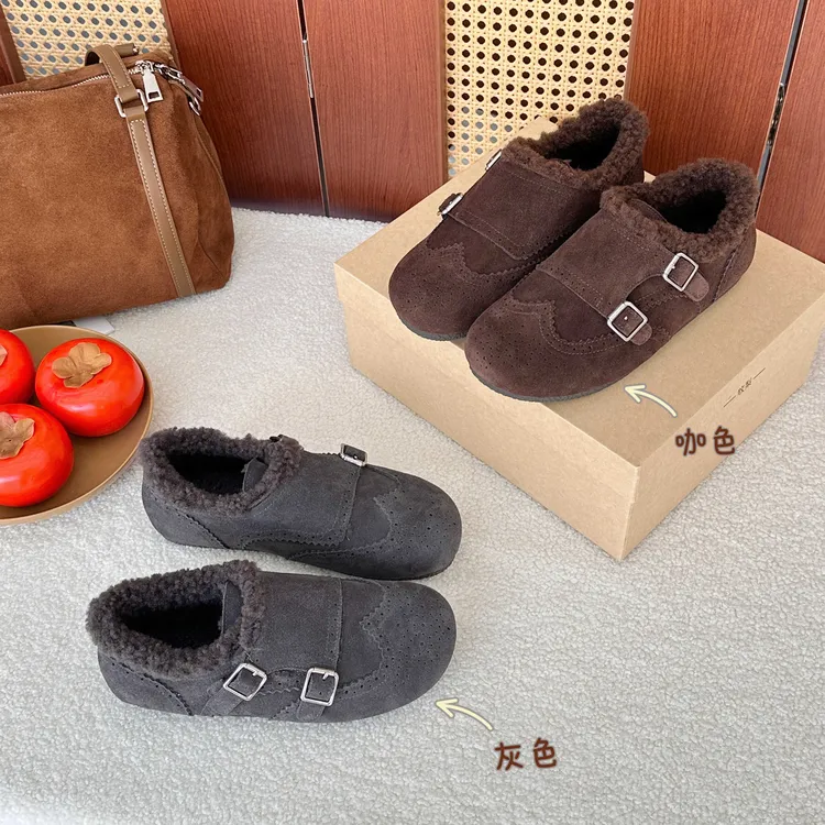 加绒丨薄底毛毛口布洛克蹄花勃肯鞋平底女鞋7322-1【2店】卡码拍小