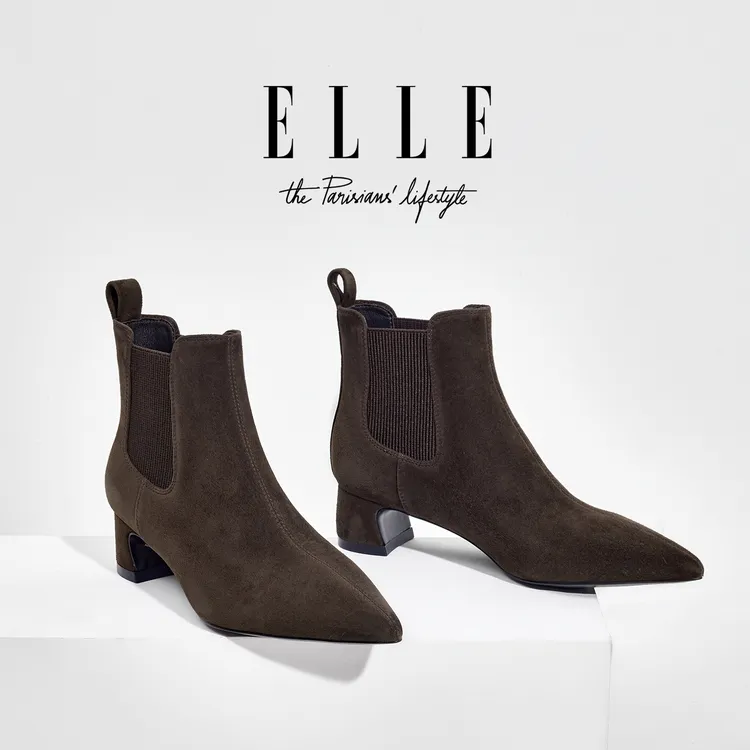 ELLE加绒切儿西瘦瘦靴女2025新款羊反绒橡胶大底英伦风百搭弹力靴