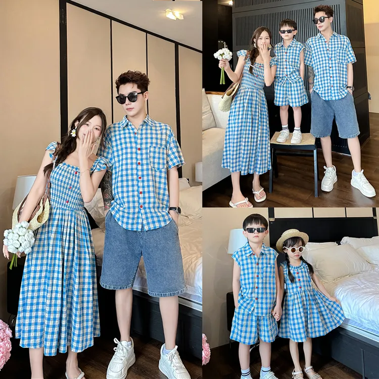 新蓝色格子裙三亚度假短袖亲子连衣裙夏季显瘦温柔风母女装仙女裙
