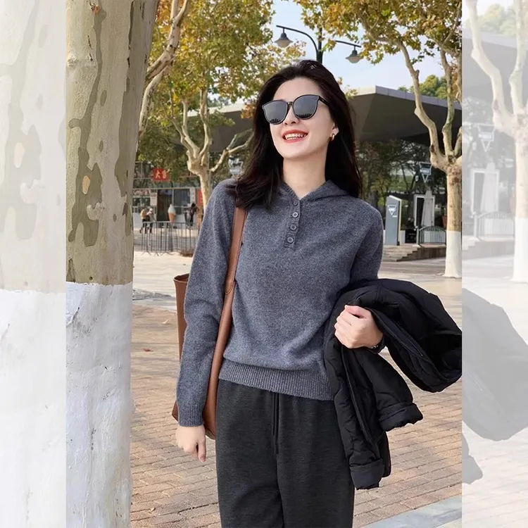 灰色连帽针织衫女秋冬季休闲叠穿内搭毛衣打底衫加厚帽衫长袖上衣