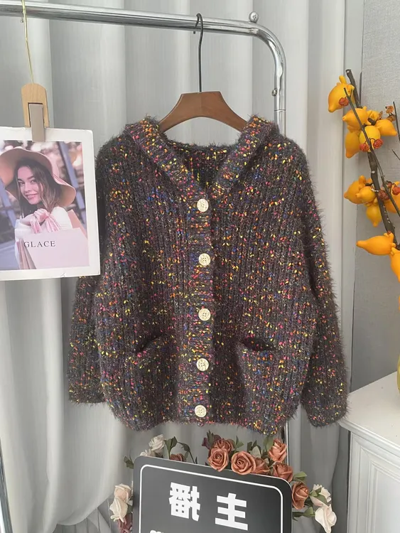 春秋新款气质洋气网红休闲时尚百搭名媛宽松针织套头开衫连帽短款