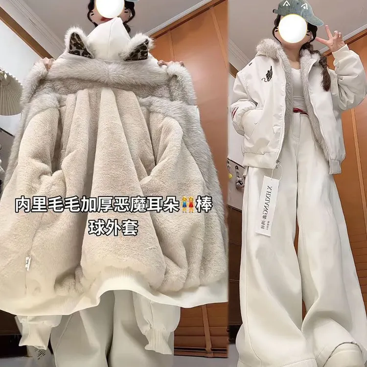 2025冬季加厚绒恶魔耳朵棉衣韩版女刺绣毛领保暖加毛座山雕外套潮