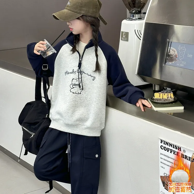 女童套装2025新款儿童秋冬装中大童女孩洋气休闲拼色加绒加厚上衣