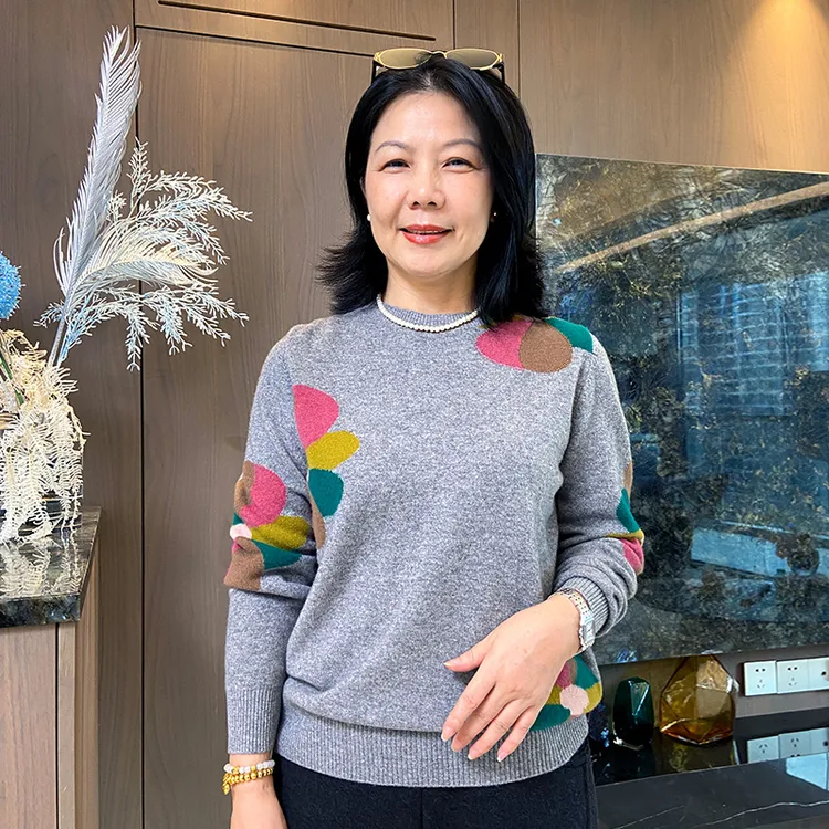短款全羊毛植物花卉时尚秋冬常规款圆领衫中老年女装956