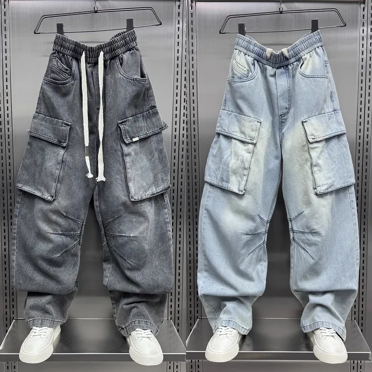 美式复古工装牛仔裤男士2025春季多口袋水洗休闲裤高街直筒阔腿裤