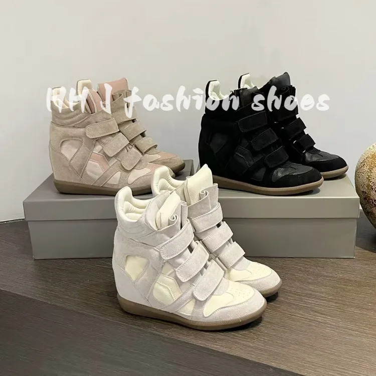 2025秋季魔术贴隐形内增高女鞋8CM坡跟拼色运动休闲鞋真皮高帮鞋